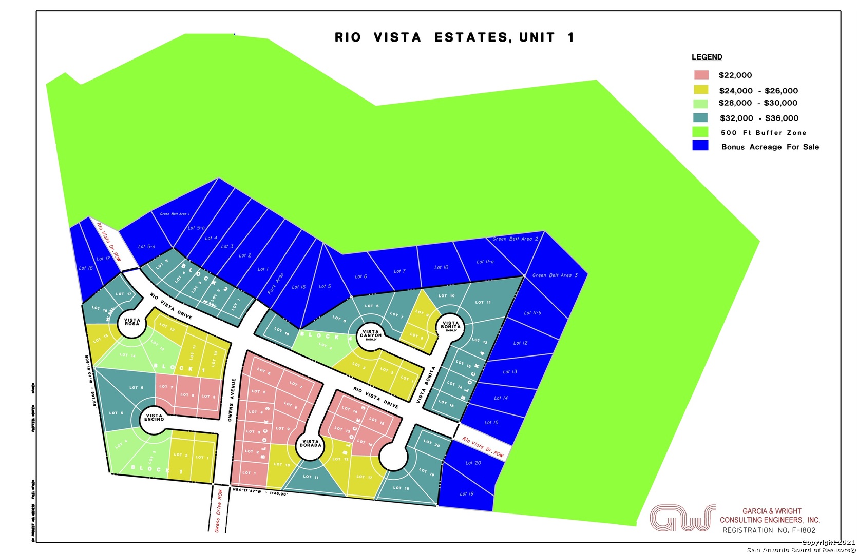 Rio Vista Estates - Finished subdivision with 56 out of 58 lots available.  21.39 ACRES total with an additional 12 acres of Green Belt. City utilities, and paved streets. The subdivision is all in the City limits with it's North and East boundary at the border of the City Limits. This subdivision in small town Three Rivers has a large ranch that borders the North and East boundaries. A twelve (12) acre Green Belt has been established between the subdivision and the ranch; to have a park, nature walking/jogging loop trail.  The lot owners on the North and East side have an option to purchase additional land in the Green Belt to enjoy for recreation and raising chickens/goats etc. In addition, there is a 500 foot restriction from any commercial development to the North or East. Great opportunity for remote workers, retirees, persons wanting lower property tax and people who enjoy boating and fishing at Choke Canyon Lake which is only 12 minutes away.  All 56 lots are available for purchase in addition to purchase of one or multiple lots, contact Listing Realtor for individual lot pricing. See the type of house in one of the photos that adheres to building restrictions. Contact listing realtor for copy of subdivision restrictions.