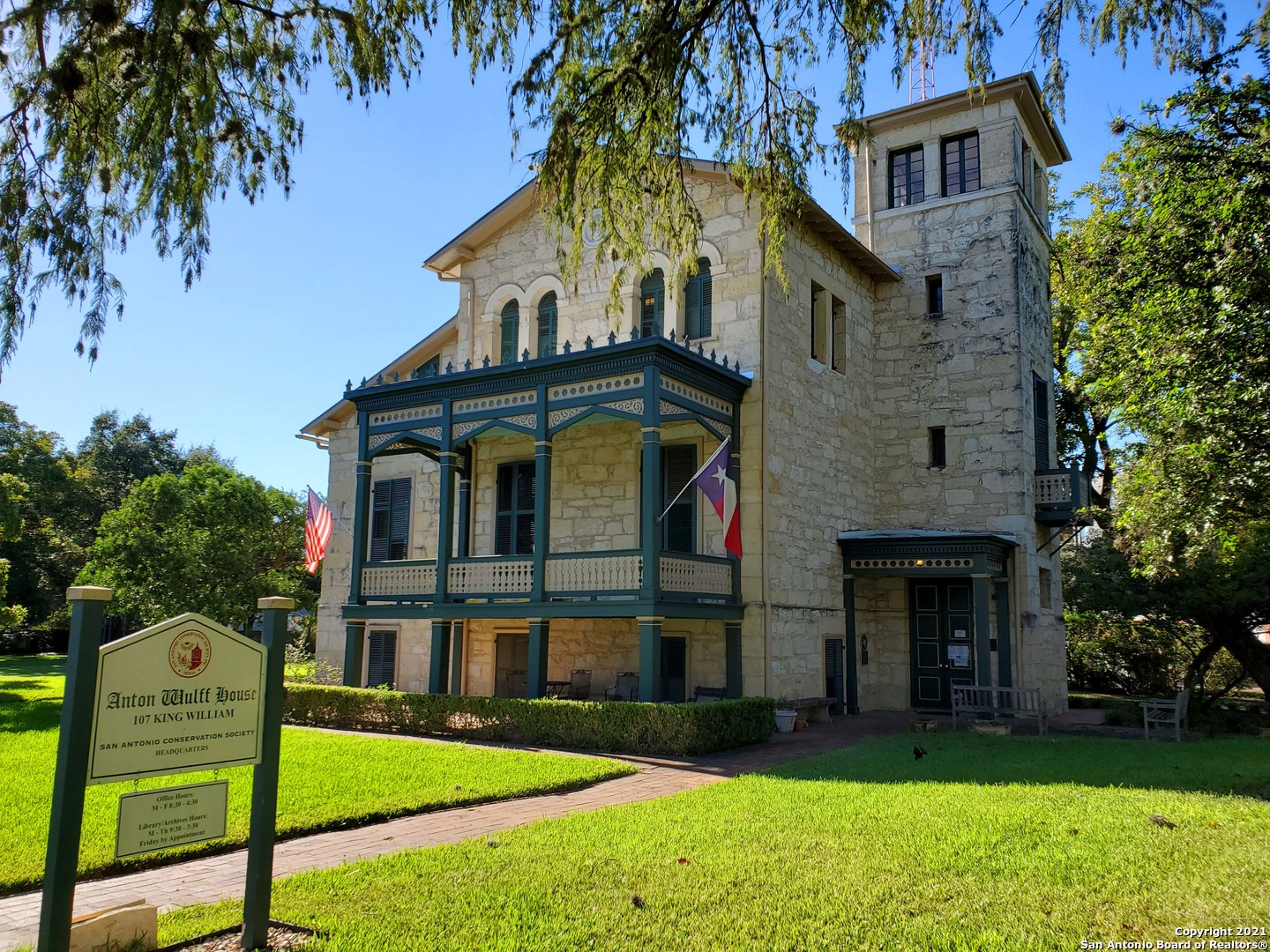 A rare opportunity to own a historic & signature landmark in the King William Historic District at 107 King William St., San Antonio, TX. Known as the Anton Wulff House, the approximately 6,000 SF, 3 story structure was built in 1870, in the Italianate style, of locally quarried limestone block. In use as office since 1964, the property was fully renovated by the San Antonio Conservation Society in 1975 for use as its headquarters, but is now available for conversion back to residential use.  The original floor plan and many historic features remain.  Also included is the 1,400 SF August Stuemke barn, relocated to the site and renovated in 1982. There is a previously historic approved design for a 2,000 SF expansion, for a possible 9,400 SF total improved square footage. The site totals 1.16 acres of land, is Riverwalk adjacent and is bounded by Cesar Chavez Blvd, S. St. Mary's St., King William St. and Washington St. The location is at the gateway entrance to the King William Historic District (Texas' first designated residential historic district) and is walkable to downtown and all the restaurants and amenities of the King William/Southtown District. The property is currently zoned O-2 S (Office), H HE (Historic, Exceptional Landmark), RIO-4 overlay.