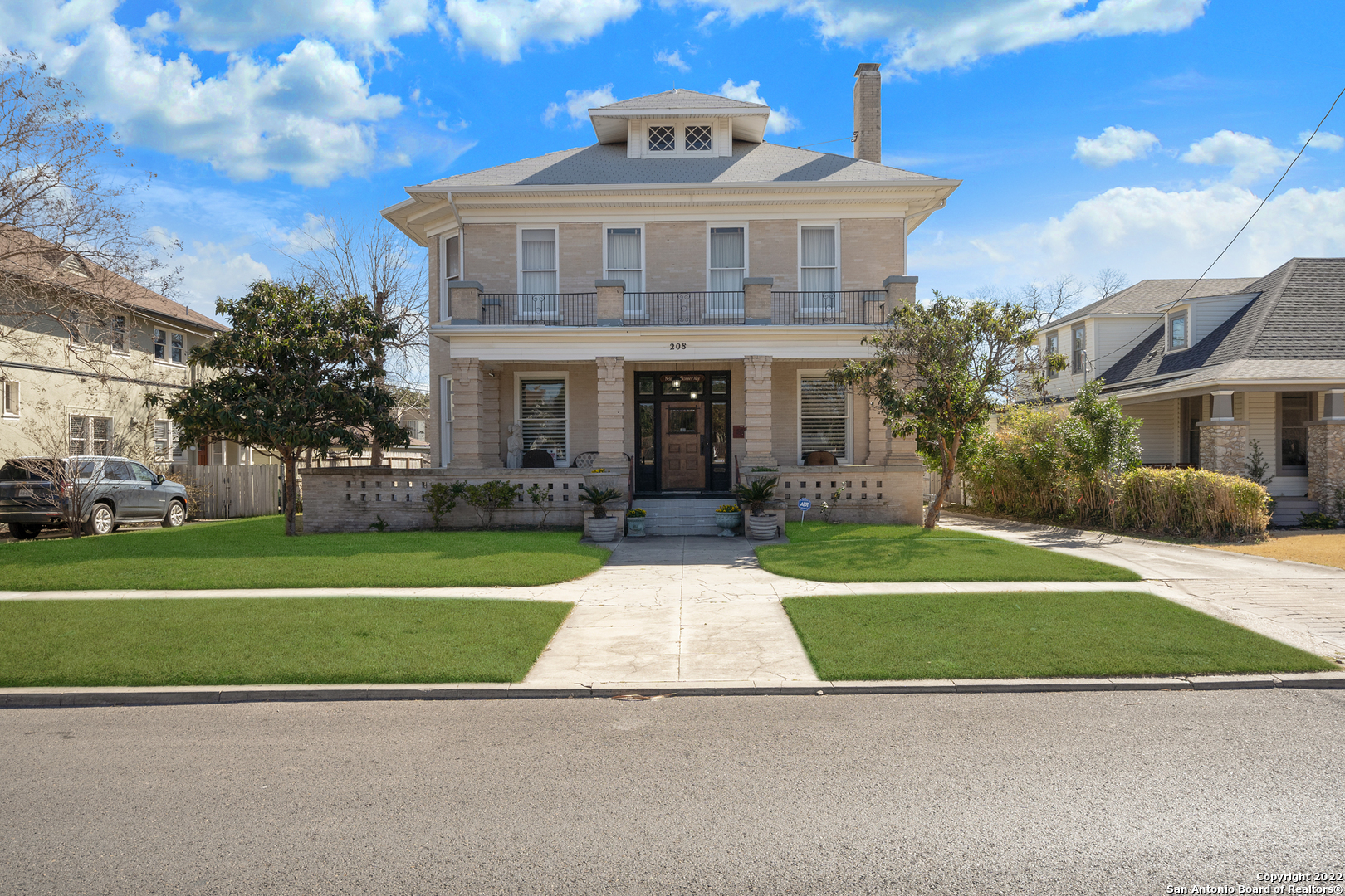 BOM-Buyer accepted a new job out of state 2 days before closing. Their Loss, Your Gain! Opportunity of a lifetime to own this Amazing Home in Historic Monte Vista. MUST SEE! Step back in time with this iconic, 3,204sf classic, built in 1917. Enter the Great Room and marvel at the beauty of the 11' beamed ceilings w/four matching ceiling fans/lights and beautiful crown molding. Keep warm while relaxing by the wood burning fireplace. Carved moldings above the fireplace are flanked by two stained glass windows, and bookcases built-in on each side. Gorgeous hardwood floors in many rooms throughout. Take note of the original doors, hardware, and magnificent archway's woodwork that showcases the stairway. Grand pocket doors w/transoms and amazing stained glass inserts lead to the Dining Room, also with 11' beamed ceilings and 5' tall wainscoting. Enter the Study/Ofc through the French doors with an alternate exit through the back stairwell entrance/exit. The Butlers Pantry w/great built ins between the dining room and the kitchen is an added delight with great storage too. The kitchen has 42" walnut cabinetry, tile countertops and backsplash. Stainless steel appliances throughout including a new, gas smart stove with air fryer. The Breakfast Nook has a nostalgic built in bench with table. The kitchen leads to back stairwell room, great for storage or garden room w/a .25 bathroom (toilet only) and exits to the back yard. The Cloak Room is adjacent to the Great Room w/built in telephone desk that leads to the outside Carriage Landing through a side door and down to the basement through another door. The basement (Perfect for a wine cellar) has plenty of storage capacity, good lighting, and has been finished w/masonry walls and a sealed concrete floor.  All bedrooms are located on the second floor landing, accessed by the classic staircase w/curved wooden handrails. The crystal chandelier is a showpiece attached to the 10.5' ceiling. Admire the transoms with adorned stained glass inserts on three of the bedroom doors. Each bedroom has crown molding, toe molding, high ceilings, large closets, original hardwood floors, and one bedroom, has its own wood burning fireplace. The master bedroom has a bonus room attached, perfect for a nursery, workout, meditation, or media room. The hallway full bathroom has wood cabinetry, double sinks, tub/shower combo w/tile midway up the walls and on the floors. There is an upstairs back stairwell landing with built in shelf/case for storing seasonal items or supplies. This leads to an additional 4th bedroom, (live-in quarters, crafts, utility room, etc.) with a large closet that currently houses the extra large washer and dryer.  What remains is the Covered Front Porch & Side Sun Patio, Upstairs Balcony to "unplug" watching the sun rise and sun set. The Carriage House (detached garage), is a brick building with 2 bays and secured with vintage doors. There is a full bath (restoration needed) in the back of one of the bays. The Storage House (another detached garage), is a wood siding building w/composition roof and double doors open to the 15' paved alley (private drive to the back of the property) or one opening from the back yard. The Attic is huge w/access from the hallway closet. In 2018 a 4 ton, 14 seer, with heat pump and ultraviolet light central HVAC system was installed for upstairs cooling needs. A new 25 yr. composition roof with ridge vents was installed in 2016. Gentle upgrades have been made throughout the years, but its original structural beauty and "vintage charm" have been guarded. This is a Historians Dream that could well represent "one" of the best preserved homes of pre-World War I structures in the Monte Vista Historic District. It is literally "Preservation at its finest" and a MUST SEE!!