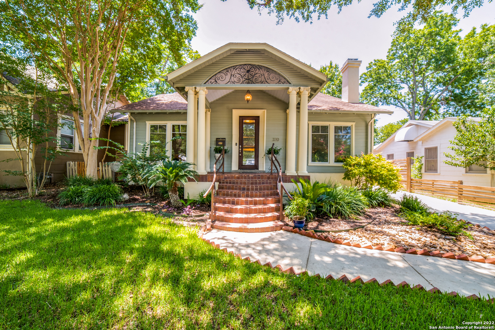** OPEN HOUSE Sunday 7/31 2 to 4** Fantastic Alamo Heights location in the Cottage District.   Beautiful historic 4 bedroom home -- or 3+ study w/closet.  Upstairs flexroom, open dining room space between two living areasm beautiful hardwood floors and high end stainless kitchen with breakfast bar and walk in pantry.  Spa style owners bath with travertine walk in shower. Patio off LR & master with balcony off second bedroom overlooking backyard of mature trees. Parking pad in the back leading to detatched garage. 2 AC units, #1 is one year old, #2 is 5 years old, water heater is 1 year old, new outside paint 2 years ago. Short walk to elementary school, pool, and park!