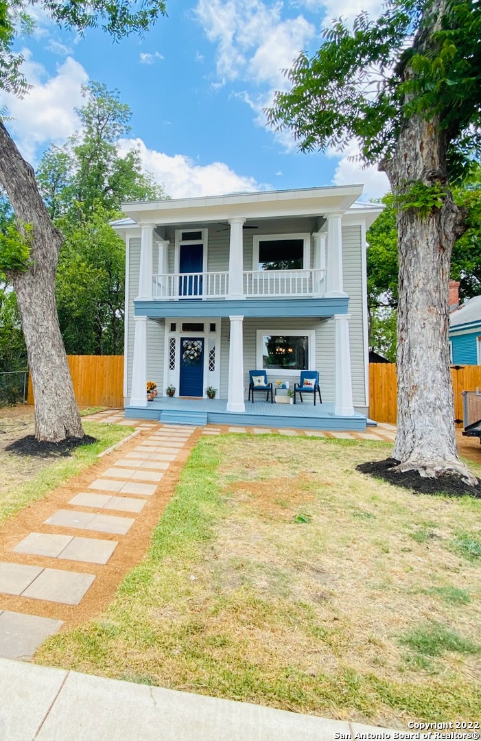 This 3/3 one-of-a-kind 1915 historic Lonestar gem is certain to grab your attention the minute you drive up. It's perfectly situated on an oversized lot steps away from SA River/Roosevelt Park/Mission Reach trails with easy access to kayak loading, biking, jogging, and paddling.  Captivating transformation of this 1700 sqft charmer will greet you with it's original restored entryway and custom farmhouse features.  Designer modern touches and inviting colors brighten every room, oversize windows welcome natural lighting, and gorgeous high ceilings take you back in time.  Retreat and relax in your choice of primary bedroom suites, either upstairs with access to a private balcony or downstairs with a view of the shaded backyard (in addition to fall/winter views of the Tower). The main level primary addition can also be used as a bonus room or formal dining room.  Chef's will love the all new LG black SS appliances including a gas stove and a beautiful butcher block counter top.  Appreciate the soft feel and comfort of the noise resistant ultra padding AquaSeal flooring.  Enjoy four outdoor sizeable seating areas (front porch, balcony, deck, and pergola) for year round entertainment. Upgrades include all new electric, plumbing, washer/dryer, HVAC, tankless water heater, metal roof, and electric fireplace.  Just minutes away from local markets, shopping, lively restaurants, entertainment, art galleries, and downtown Riverwalk.  An impressive must see home awaits!
