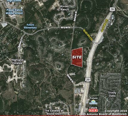 LOCATION:  The property is at the southwest quadrant of US Hwy 281 & Borgfeld Dr on Bulverde Rd in San Antonio, Texas  LAND SIZE:  28.84 Acres (WILL NOT SUBDIVIDE)  FRONTAGE:  931.74 feet on Bulverde Rd  USES:  Multi-family, "build-to-rent" single family homes, corporate campus, church, charter school, and other single-use developments.  SALE PRICE:  $8.50 PSF  DEMOGRAPHICS:  1 Mile Radius  2022 Total Population: 3,366 - Year 2027 Projected Population: 3,493  Average Household Income: $147,116.00  3 Mile Radius  2022 Total Population: 39,588 - Year 2027 Projected Population: 43,143  Average Household Income: $150,005.00  5 Mile Radius  2022 Total Population: 100,478 - Year 2027 Projected Population: 109,767  Average Household Income: $148,501.00  TRAFFIC COUNTS:  Borgfeld Dr: 10,483 VPD (TXDOT 2020)  US-281: 44,431 VPD north of Borgfeld  (TXDOT 2021)